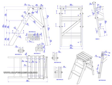 Folding step ladder plan - Assembly 2D drawings Kitchen Step Ladder, Step Stool Diy, Ladder Chair, Metal Drawing, Wooden Ideas, Carpentry Workshop, House Redo, Folding Step Stool, Folding Ladder