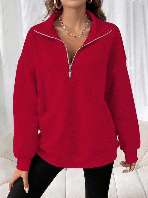 Plus Size Solid Drop Shoulder Half Zip Up Sweatshirt, Comfort Lady Hoodie, Basic Womenswear, Casual Long Sleeve Polo Neck Pullover for Fall, Women's Clothes for Daily Wear, Sweatshirts for Women Bandeau Tops, Solid Color Sweater, Dropped Shoulder Sweatshirt, Red Hoodie, Casual Sweaters, Red Sweaters, Casual Fits, Casual Sweatshirt, Half Zip