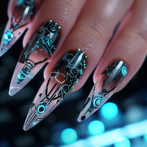 High Tech Futuristic Nail Art, led, circuit, blue, black Futuristic Chrome Nails, Electric Nails Design, Cyberpunk Aesthetic Nails, Sci Fi Nail Art, Dystopian Nails, Circuit Board Nails, Storm Nails Design, Circuit Nails, Cyberpunk Nail Art