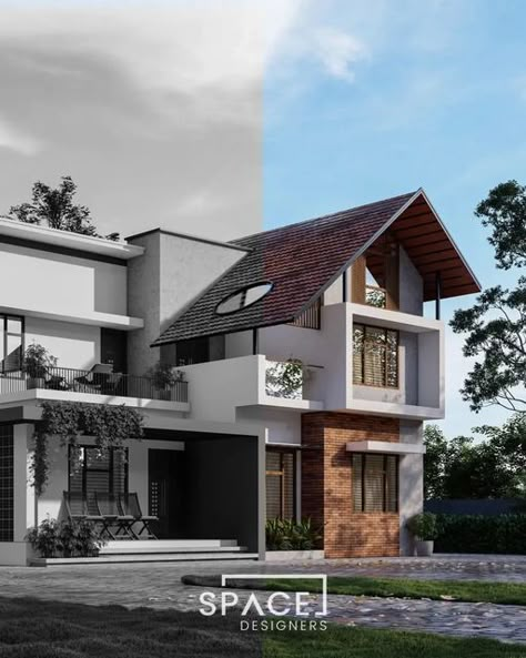 Sloped Roof Elevation, Slop Roof House Design, Tropical Exterior House Design, Slope Roof House Design, Sanitary Showroom, Office Reference, Tropical Contemporary, Slope Roof, Kerala Architecture