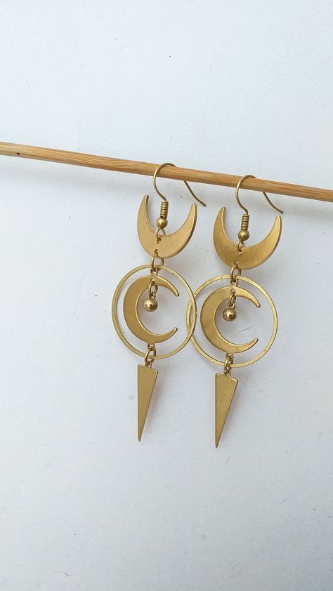 Festival Moon Phase Brass Earrings, Bohemian Gold Moon Phase Earrings, Witchy Moon Phases, Bohemian Moon Phase Dangle Earrings, Bohemian Brass Earrings With Moon Phase, Celestial Moon-shaped Brass Earrings, Lead Light, Long Gold Earrings, Boho Style Earrings