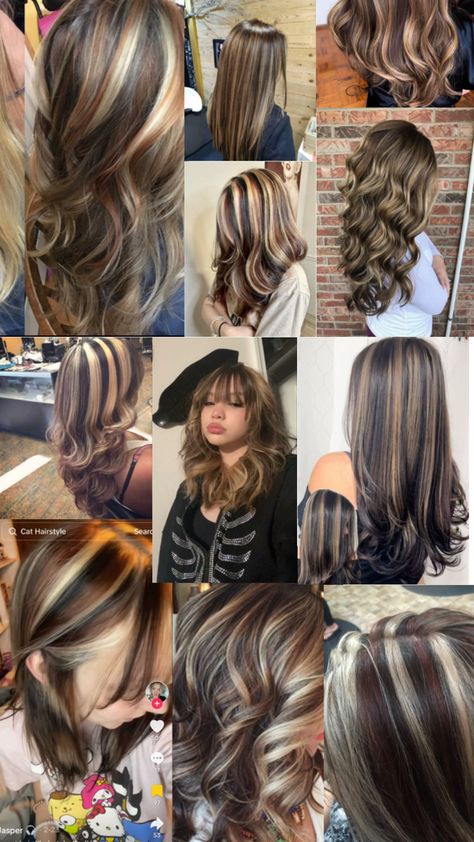 Half Bottom Hair Dyed, Neapolitan Hair Curly, Y2k Hair Color, Calico Hair Color Hairstyles, Brown Curly Hair, Hair Inspiration Long, Hair Streaks, Pinterest Hair, Haircuts With Bangs