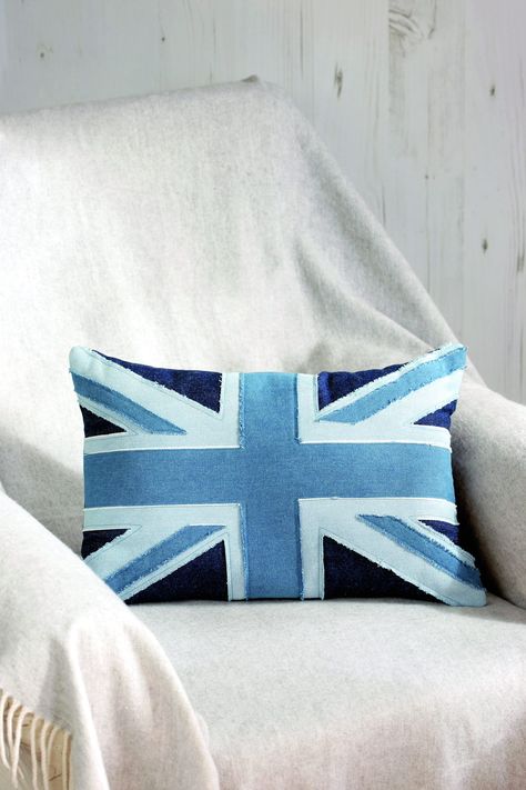 Union Jack cushion to sew | GoodTo Union Jack Rug, Union Jack Pillow, Union Jack Cushions, Cushion Ideas, Upcycled Clothing, Sewing Needle, Charity Shop, Old Jeans, Union Jack