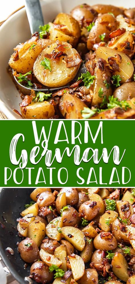 Tangy, tender, and loaded with bacon, this old fashioned Warm German Potato Salad is a fantastically easy addition to any summer meal! This hearty potato salad, tossed with a mustard, onion, and bacon vinaigrette, is a far cry from that mayo-loaded salad you're used to! #crumbykitchen #summerrecipes #potatosalad #german #recipes #sidedish #salad #potatorecipes German Potato Salad For A Crowd, Potato Salad Vinaigrette, Vinaigrette Potato Salad, Summer Potatoes Recipes, Non Mayo Potato Salad, Warm German Potato Salad With Bacon, Warm Potatoes Salad, Warm Potato Salad Recipe, Warm Potato Salad With Bacon