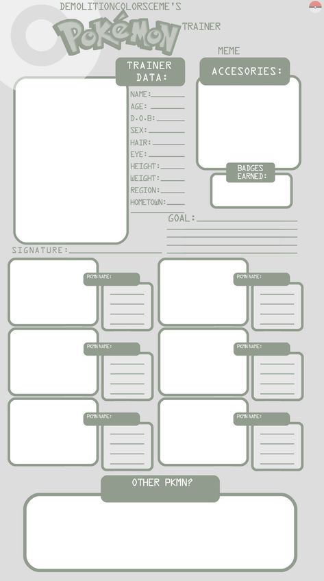 Pokemon Trainer Card, Character Sheet Writing, Pokemon Challenge, Oc Template, Character Sheet Template, Art Style Challenge, Oc Pokemon, Drawing Ideas List, Character Template