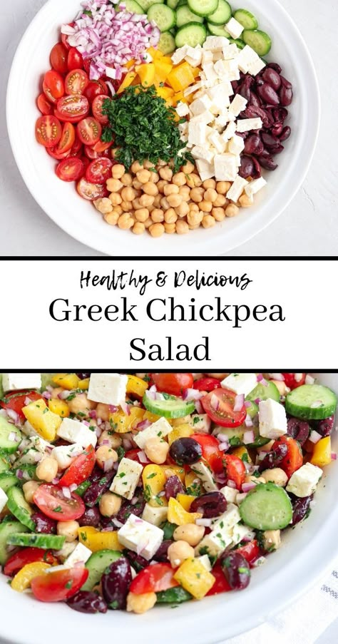 two stacked photos of Greek chickpea salad before and after dressing and mixing. There is a title on white background in between the 2 photos saying "Healthy and Delicious Greek Chickpea Salad" Creamy Greek Dressing, Salads Without Lettuce, Classic Greek Salad, Greek Chickpea Salad, Salad Spinach, Greek Chickpeas, Greek Dressing, Greek Salad Recipes, Superfood Salad