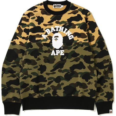 Please note: BAPE runs approximately one size small compared to traditional US sizing. We recommend moving up at least one whole size when purchasing a BAPE piece of clothing. | Men's BAPE 1st Camo College Half Crewneck Sweatshirt in Yellow/Green Jordan Shoes Retro, Hot Sneakers, Green Man, Jordan Retro, Adidas Yeezy, Jordan Shoes, Piece Of Clothing, Trading Cards, Designer Handbags