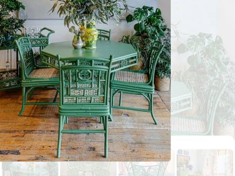 Bamboo Chair Makeover, Bamboo Furniture Makeover, Egg Furniture, Chinoiserie Furniture, Chippendale Chairs, Green Dining Chairs, Painted Bamboo, Rattan Chairs, Bamboo Chair