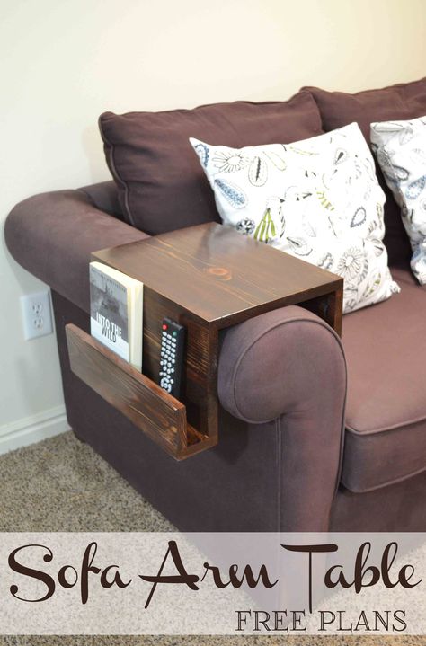 An easy customizable DIY sofa arm table keeps a drink or snacks close at hand, while organizing remotes or reading material, too.. Meja Sofa, Sofa Arm Table, Diy Holz, Diy Sofa, Ikea Furniture, Diy Wood Projects, Furniture Projects, Sofa Table, A Drink