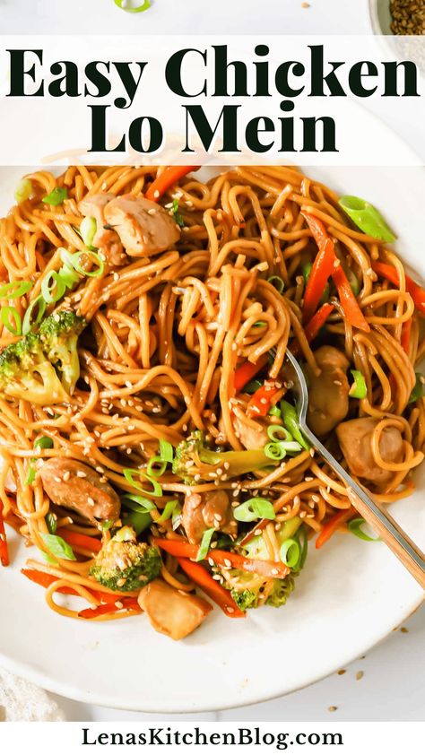 This chicken lo mein is the ultimate comfort food! It features an ultra-savory sauce, tender chicken bites, and perfectly cooked veggies. Plus, it only takes about 20 minutes to make and tastes so much better than takeout! Crock Pot Chicken Lo Mein, How To Make Chicken Lo Mein, Easy Chicken Lo Mein Recipe, Chow Mein Noodles Recipe Easy, Lo Mein Sauce Recipe Easy, Lomein Recipes Easy, Lo Mein Recipe Chicken, Chicken Low Mein, Turkey Chow Mein