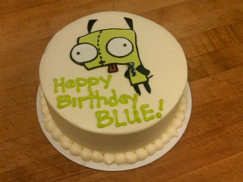 Gir from Invader Zim Cake. I need to learn to draw this onto a cake to my husband! Invader Zim Birthday Cake, Invader Zim Cake, Gir From Invader Zim, Happy Birthday Blue, Funny Birthday Cakes, Cute Baking, Invader Zim, Novelty Cakes, Pretty Cakes