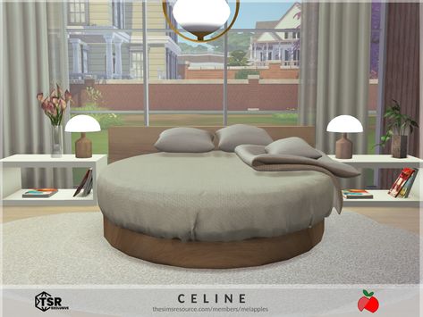 a contemporary and neutral bedroom with a round double bed. this item is a sims 4 room made with cc. by melapples 🍎 @ TSR The Sims Resource - Sims 4 - office - study - melapples - cc used The Sims 4 Cc Round Bed, The Sims 4 Cc Bedding, Sims 4 Cc Round Bed, Sims 4 Circle Bed, Sims 4 Cc Circle Bed, Sims 4 Double Bed Cc, Sims 4 Daybed Cc, Sims 4 Round Bed, Sims 4 Sofa Bed