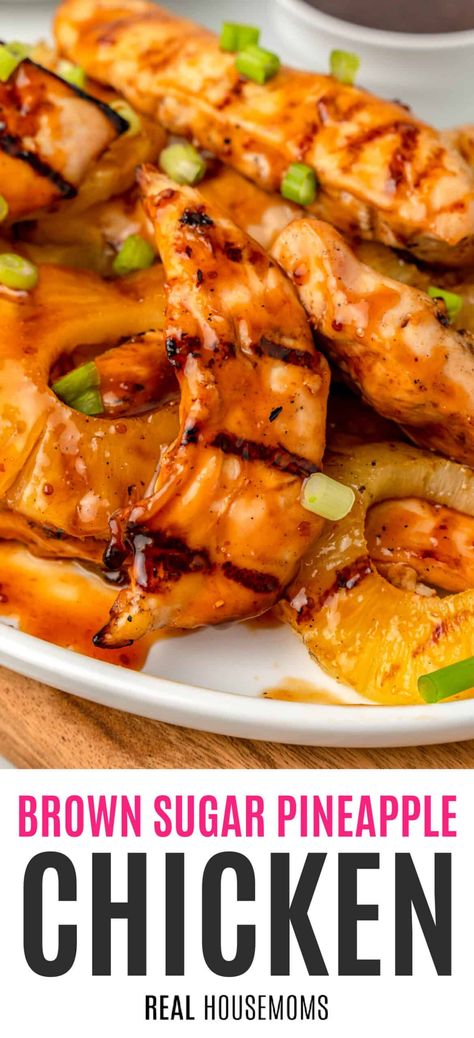 Marinated, grilled, and glazed to perfection, this sweet and delicious Brown Sugar Pineapple Chicken is destined to be a family favorite! #RealHousemoms #brownsugar #pineapple #chicken #chickentenders #marinade #grilled #grilling #tailgating #cookout #campingrecipe Brown Sugar Pineapple Chicken, Pineapple Chicken Breast, Pineapple Marinade, Brown Sugar Pineapple, Grilled Pineapple Chicken, Grilled Chicken Marinade, Brown Sugar Chicken, Pineapple Glaze, Sweet Chicken