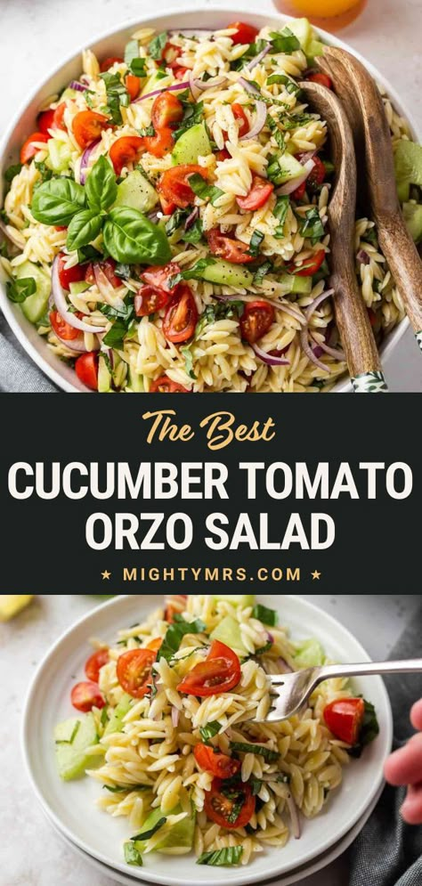 This cucumber tomato orzo salad is the best version you'll ever taste! Fresh vegetables with orzo and a homemade honey-lemon vinaigrette dressing finished with fresh basil and mint. Always a hit at gatherings, this pasta dish is a great go-to recipe when you need to bring a side dish. This orzo salad with fresh Mediterranean flavors is the perfect summer side dish! Tomato Orzo Salad, Orzo Cucumber Feta Salad, Orzo Salad With Basil, Orzo Cucumber Tomato Salad, Cucumber Orzo Salad, Cucumber Basil, Lemon Basil Orzo Salad, Vegetable Orzo Salad, Pasta Salad With Basil