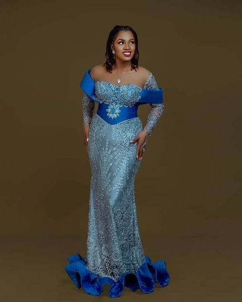 Navy Blue Asoebi Lace Styles In Nigeria, Navy Blue Asoebi, Blue Asoebi Lace Styles, Blue Asoebi, Corset Asoebi Styles, Corset Asoebi, Asoebi Lace Styles, Black Bridal Makeup, Asoebi Lace