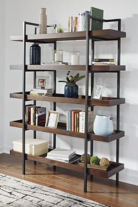 Starmore Bookcase — Furniture Express Pvc Furniture Plans, Brown Bookcase, Urban Industrial Design, Gallery Shelves, Metal Bookcase, Etagere Bookcase, Urban Industrial, Ashley Furniture Homestore, Design Industrial