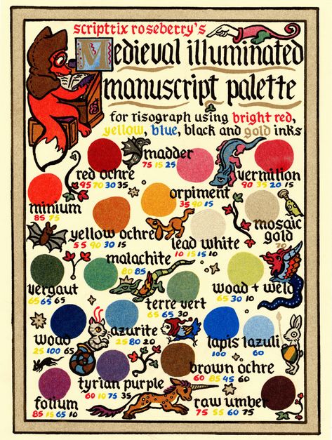 Medieval Illuminated Manuscript Palette Risograph Color Chart Print - Fox-Teeth's Ko-fi Shop - Ko-fi ❤️ Where creators get support from fans through donations, memberships, shop sales and more! The original 'Buy Me a Coffee' Page. Medieval Illuminated Manuscript, Risograph Printing, Illustrated Manuscript, Illumination Art, Risograph Print, Medieval Manuscript, Illuminated Letters, Medieval Art, Illuminated Manuscript