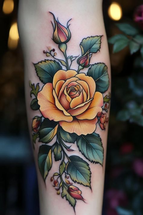 50+ Rose Tattoo Ideas in Different Colors Rose Botanical Tattoo, Neo Rose Tattoo, Carnations Tattoo Design, Tattoo Ideas Female Roses Arm, Chocolate Cosmos Flower Tattoo, Simple Yellow Rose Tattoo, Yellow Rose Tattoo Memorial Mom, Neotraditional Rose Tattoo Design, Ivy Rose Tattoo