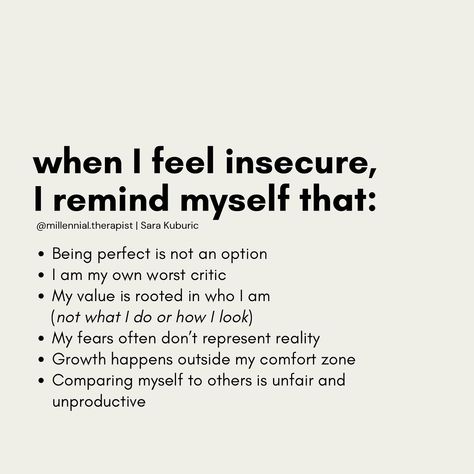 Dr. Sara Kuburic | Be gentle with yourself. Feeling insecure from time to time is just part of being human 🫶 #millennialtherapist | Instagram How To Be Not Insecure, How To Heal Insecurities, Getting Rid Of Insecurities, When You Feel Insecure, Feeling Insecure Quotes Relationships, How To Not Feel Insecure, Being Insecure Quotes, How To Get Over Insecurities, Insecurity Quote Looks