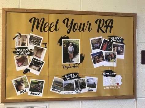 RA board: intro to the year #reslife All About Me Bulliten Board, Meet Your Staff Bulletin Board, Ra Bulletin Boards Meet Your Ra, About Your Ra Bulletin Board, Ra Personal Board, Residential Assistant Bulletin Boards, Ca Bulletin Board Ideas, Get To Know Me Ra Board, Staff Introduction Board Ideas