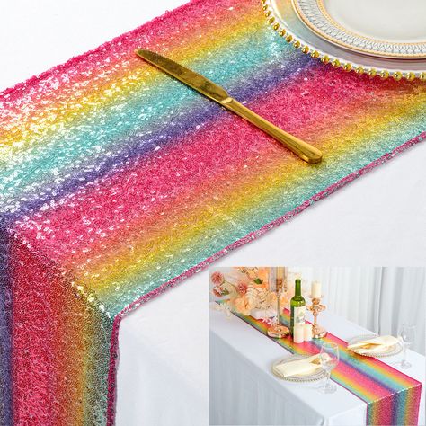 PRICES MAY VARY. Sequin Table Runner √ Sequin Table Runner : 1PC -12x72 inch rainbow glitter sequin table runners table linen decor. √ High density sequin table runners, rectangle table covers, sequin table cloth for parties. √ These rainbow glitter table runners are made of sequins and mesh cloth.3 mm round sequins are densely woven on the mesh fabric, the edges of the table runner are sewn carefully to prevent sequins from falling off. √ Widely Use: Our delicate sparkle rectangle table covers Gold Sequin Tablecloth, Rainbow Table, Gold Table Runners, Coffee Table Runner, Wedding Party Table Decorations, Rustic Table Runners, Sequin Table Runner, Dining Table Runners, Sequin Backdrop