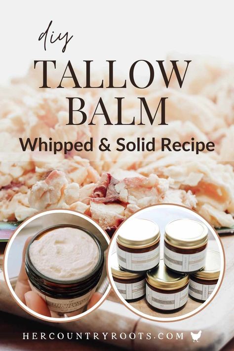 How to Make Homemade DIY Tallow Balm Recipe (Whipped & Solid Recipe) - Her Country Roots- Country Living, Ancestral Skincare Beef Tallow Balm Recipe, Beef Tallow Whipped Body Butter, Diy Whipped Tallow Balm, Beef Tallow Moisturizer Recipe, How To Render Tallow In A Crockpot, Beef Tallow Balm, Beef Tallow For Hair, Homemade Tallow Balm, Tallow Whip Recipe