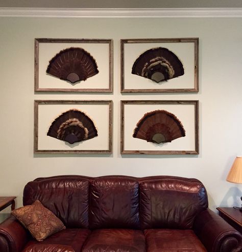 Tasteful Hunting Decor, Full Turkey Mount, Wildlife Mounts Living Rooms, Turkey Feet Mount, Taxidermy Living Room Decor, Hunting Mounts Living Room, Multiple Turkey Fan Mount Ideas, Framed Turkey Fan, Turkey Fan Display Ideas