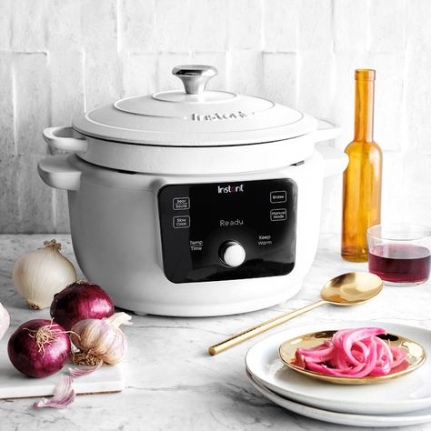 Now you can create the same succulent flavors of cooking in a cast iron Dutch oven with the speed and ease of the Instant Pot. This exceptionally versatile machine features an enameled cast-iron inner pot that lets you braise, slow cook, sear, saute and warm food - in the unit, in the oven or on the stove. The tight-fitting cast-iron lid has a self-basting grid on the underside that helps keep food moist and tender while the large LCD screen lets you easily monitor cooking progress. Ideal for ov Cute Crockpot Designs, Dutch Oven Storage, Gut Broth, Instant Dutch Oven, Slow Cook, Cast Iron Dutch Oven, Warm Food, Gourmet Kitchens, Cooking Inspiration