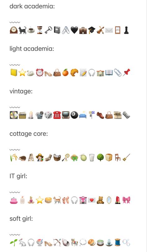 Dark academia light academia cottage core aesthetic vintage it-girl soft-girl emoji combos Soft Core Captions, Wallpaper Iphone Ios 16 Pink, Photo Dump Emojis, Western Emojis Combos, Weird Emoji Combinations, Y2k Emoji Combinations, Old Money Emoji Combos, Dark Feminine Emoji Combo, Cottage Core Emojis