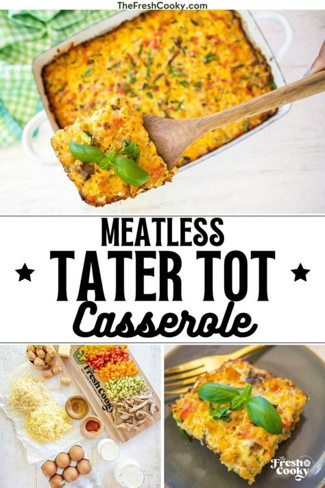 Tater Tot Breakfast Frittata, Tator Tot Veggie Breakfast Casserole, Tater Tot Breakfast Casserole Vegetarian, Vegetarian Breakfast Casserole Recipes, Breakfast Casserole Vegetarian, Meatless Breakfast Casserole, Egg Tater Tot Casserole, Adventist Recipes, Breakfast Entrees