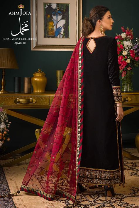 Long Shirt Design, Pakistani Velvet Dresses, Eastern Clothes, Tissue Dupatta, Black Velvet Shirt, Antique Wedding Dresses, Dress Pakistani, Midi Wedding Dress, Asim Jofa