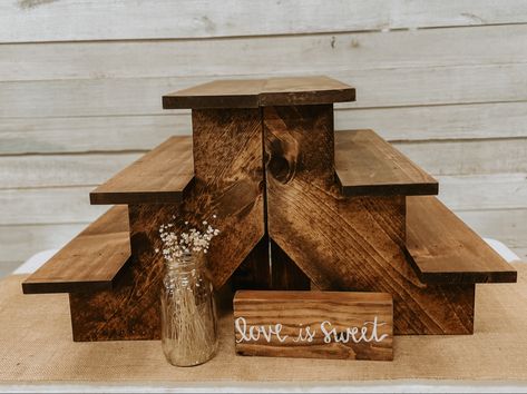 Diy Rustic Cupcake Stand Display, Wood Tiered Cupcake Stand, Rustic Wedding Sweets Table, Cupcake Stairs, Cupcake Display At Wedding, Rustic Cupcake Stand, Wooden Dessert Stand, Tiered Cupcake Stand Diy Rustic Wood, Diy Wood Cupcake Stand