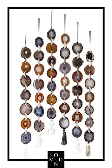 Bring boho chic to your home with our agate garlands. All of our wall hangings are handmade using ethically sourced agate slices from Brazil. Hanging Boho Decor, Indie Decor, Agate Slices, Brazilian Agate, Create A Signature, Wall Hanging Boho, Unique Bands, Textures And Tones, Boho Wall Hanging