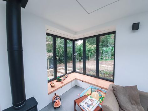 Corner Bifold Doors, Corner Window Seats, Corner Window Seat, Bench Window, Window Seating, Window Seat Design, Bifold Door, Room Extensions, Corner Window