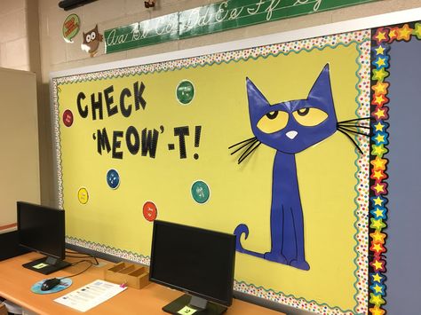 Pete The Cat Classroom Theme Decor, Pete The Cat Decorations, Pete The Cat Bulletin Board Ideas, Cat Bulletin Board Ideas, Pete The Cat Classroom Theme, Pete The Cat Bulletin Board, Cat Bulletin Board, Pete The Cat Classroom, Kindergarten Classroom Themes