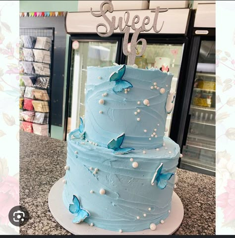 Blue Butterfly Cake, Blue Birthday Themes, Blue Sweet 16, Blue Birthday Cakes, Tiered Cakes Birthday, Butterfly Birthday Cakes, Tiered Cake Design, Special Birthday Cakes, Quinceanera Cakes