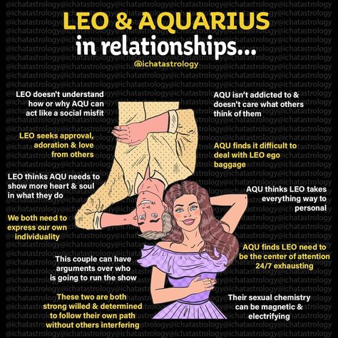 @ichatastrology on Instagram: “Leo & Aquarius get along even though they are polar opposites! Leo is fire & Aquarius is air, so both their elements blend AND they are…” Leo And Aquarius Friendship, Aquarius Relationship Facts, Aquarius Woman And Leo Man, Leo And Aquarius Relationship, Aquarius Leo Compatibility, Leo Aquarius Relationship, Aquarius And Aquarius Relationship, Aquarius And Leo Relationships, Aquarius X Leo