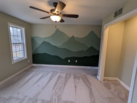 Green Mountain Accent Wall, Mountain Forest Nursery Theme, Mountain Themed Nursery, Mountain Nursery Theme, Forest Nursery Theme, Lucas David, Green Monochromatic, Mountain Bedroom, Childrens Bedrooms Design