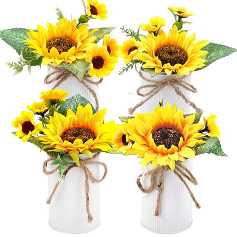 PRICES MAY VARY. Silky Cloth Vivid Artificial Sunflowers: You will receive 4pack fake potted sunflowers in galvanized metal pots, the sunflower can be taken off from the vase, giving you more possibility to Diy, this match adds a warm and sweet atmosphere to your home decoration Easy to Care for: The sunflowers and leaves are made of high-quality silky cloth, require no watering or special care. Simply dust them off occasionally to keep them looking their best. This makes them ideal for busy peo Eucalyptus Decoration, Sunflower Wedding Centerpieces, Artificial Sunflowers, Sunflowers Bouquet, Potted Sunflowers, 2026 Wedding, 60th Bday, Sunflower Centerpieces, Sunflower Arrangements