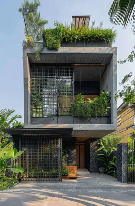 Facebook Industrial House Exterior, Terrace House Exterior, Green House Exterior, Building Design Plan, Brutalism Architecture, Modern Townhouse, Tropical Architecture, Townhouse Designs, Modern House Facades