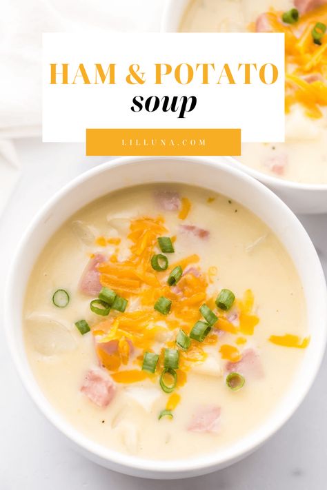 This cheesy ham and potato soup is simple and delicious. The best part is it's quick and easy, on the table in only 30 minutes!! #cheesyhamandpotatosoup #hamandpotatosoup #cheesysoup #hamandpotato #cheesy Cheesy Ham And Potato Soup, Healthy Delicious Soups, Ham Chowder, Quick Soup Recipes, Cheesy Potato Soup, Ham And Potato Soup, Cheesy Ham, Ham Potato, Quick Soup