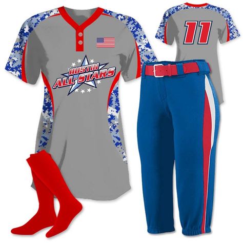 Custom Fastpitch Softball Jersey Design Perfect for All Star Season or Patriotic Tourneys! | Only at TSP Softball Uniforms Ideas, Fastpitch Softball Uniforms, Uniforms Ideas, Softball Uniforms, Softball Outfits, Softball Jerseys, Custom Uniform, Team A, Fastpitch Softball