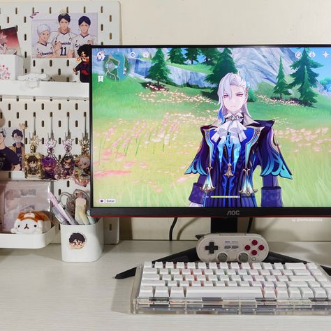 Genshin Gaming Setup, Playing Genshin Aesthetic, Pc Gaming Setup Aesthetic, Gaming Setup Aesthetic, Playing Genshin, Genshin Impact Aesthetic, Small Room Setup, Aesthetic Gaming, Study Desk Decor