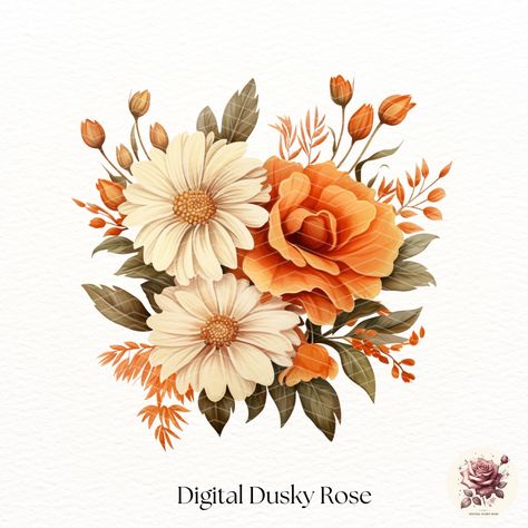 Autumn Bouquet Clipart, Fall Arrangement, Watercolor Flowers, Orange Sunflowers, Wild Flowers, Leaves https://digitalduskyrose.etsy.com/listing/1720753680 🍁🌻 Featuring beautiful watercolor flowers, including orange sunflowers and wildflowers, these fall arrangements capture the essence of the season. Perfect for adding a touch of autumn magic to your designs, each 5x5 inch clipart at 300 dpi brings vibrant fall leaves and stunning floral arrangements to life. Ideal for wedding invitations, ... Fall Flowers Watercolor Paintings, Fall Flower Drawings, Watercolor Fall Flowers, Sunflowers And Wildflowers, Autumnal Flowers, Bouquet Clipart, Autumn Bouquet, Orange Sunflowers, Flowers Orange