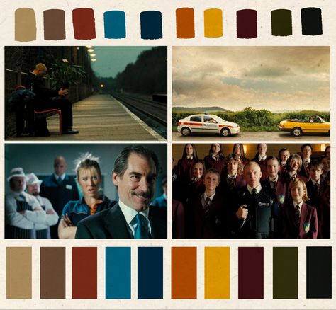 Hot Fuzz Aesthetic, High Contrast Color Palette, Contrast Color Palette, Film Moodboard, Hot Fuzz, Movie Color Palette, Edgar Wright, Colour Pallets, Color Pallete