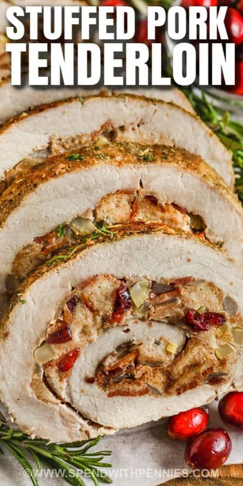 Cook this stuffed pork loin for the holidays or a Sunday dinner with the family! A stuffing mixture of cranberry, bacon, onion, and cubed bread is wrapped in a boneless pork loin then baked until perfectly tender & juicy. Chop some spinach, apple, and sausage to make new flavors! Stuffed pork loin is such an elegant entrèe and will have dinner guests coming back for seconds! #spendwithpennies #stuffedporkloin #porkloin #recipe #roastporkloin Apple Stuffing Pork Tenderloin, Pork Loin With Stuffing Recipes, Apple Bacon Stuffed Pork Loin, Pork Loin Thanksgiving, Pork Loin With Cranberries, Crockpot Stuffed Pork Loin, Pork Tenderloin Stuffed Recipes, Grilled Stuffed Pork Loin, Holiday Pork Loin Christmas Dinners