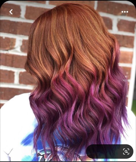 Redhead Ombre Hair, Copper Violet Hair, Copper And Vivid Hair, Redhead With Purple Highlights, Cooper And Purple Hair, Ginger Hair With Balayage, Purple Highlights Red Hair, Purple Roots Red Hair, Ginger Hair Purple Highlights