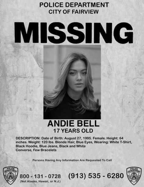 india lillie davies / andie bell agggtm Missing Aesthetic Poster, Andie Bell Missing Poster, Agggtm Andie Bell, India Lillie Davies, Jason Bell Agggtm, Andie Bell Aesthetic, Agggtm Poster, Thriller Aesthetic, Andie Bell