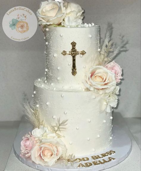 #cake #baptism #2tier Baptism Cake Girl 2 Tier, Girls Baptism Cake, Christian Desserts, Barbie Cake Designs, Cake Baptism, Christian Cakes, Christening Cake Girls, Baptism Cake Girl