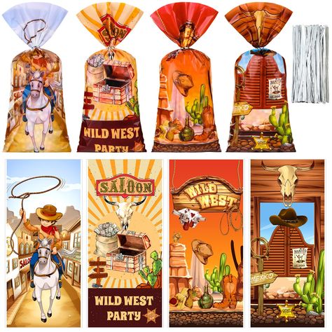 PRICES MAY VARY. Rich Quantity: there are 100 pieces of western cowboy cellophane bags in 4 styles, 25 pieces per style, coming with 150 pieces of silver twist ties, sufficient quantity can meet your packaging needs Exquisite Design: the cellophane treat bags are designed with western theme patterns, like cowboy, cactus, horse, etc., matching with bright colors, eye catching and beautiful, adding nice additions to your parties Reliable Quality: the cowboy goodie bag is made of quality plastic ma Cowboy Treats, Cowgirl Party Decor, Horse Party Favors, Cowboy Party Decorations, Cowboy Theme Party, Wild West Party, Horse Products, Cowboy Birthday Party, Cowboy Gifts